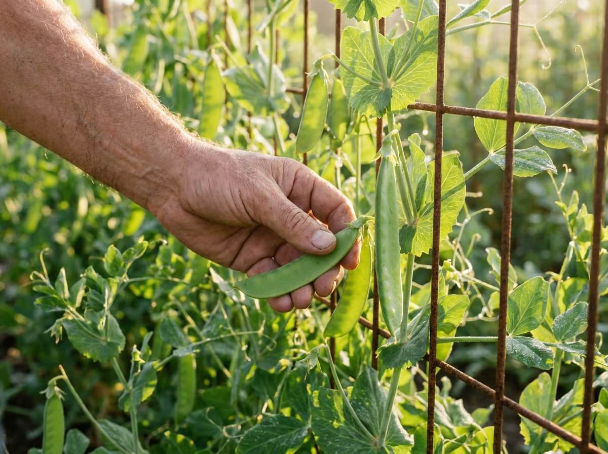 Main cueillant une gousse plate de pois gourmand sur un rang tuteuré au soleil du matin
