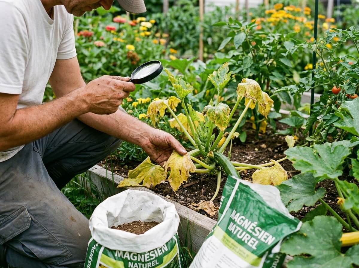 Jardinier examinant le pied d'une courgette pour repérer les feuilles basses décolorées