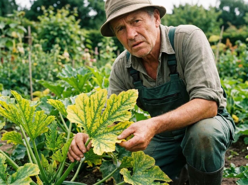 Feuilles de courgette jaunissant entre les nervures qui restent vertes, signe de carence