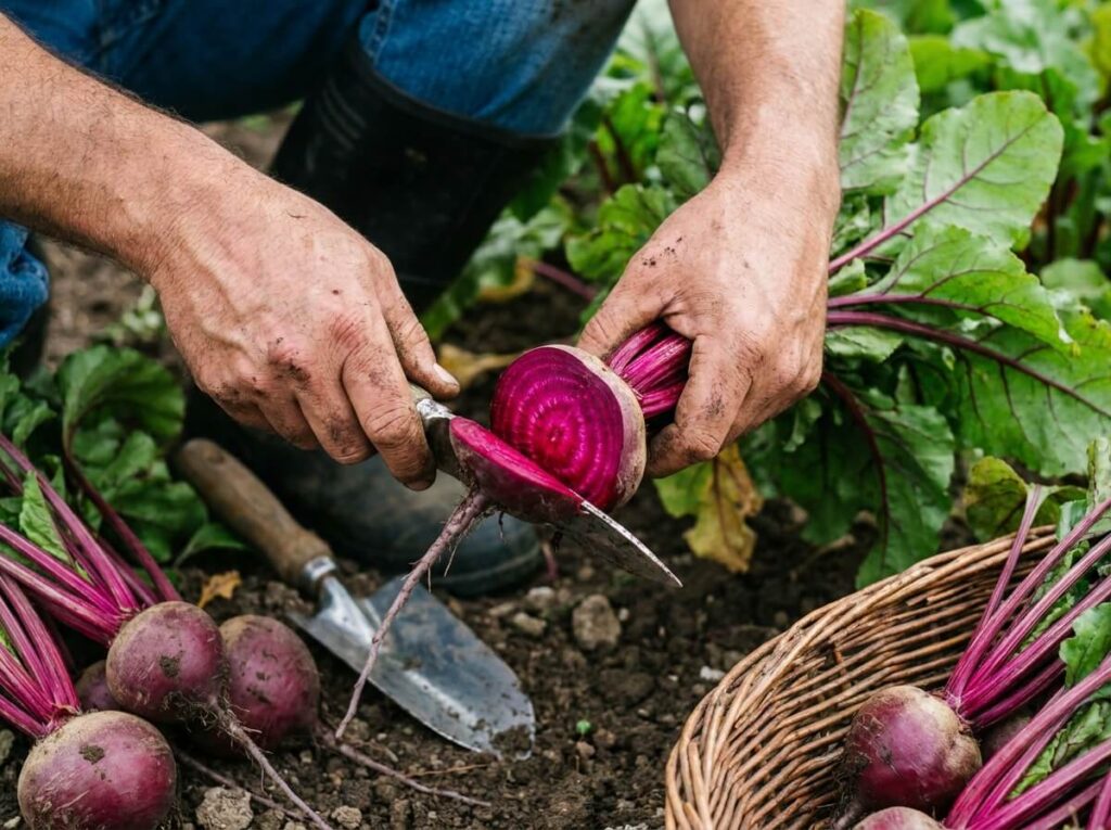 Betteraves rouges fraîchement récoltées à la taille idéale, chair pourpre brillante et fanes vertes vigoureuses