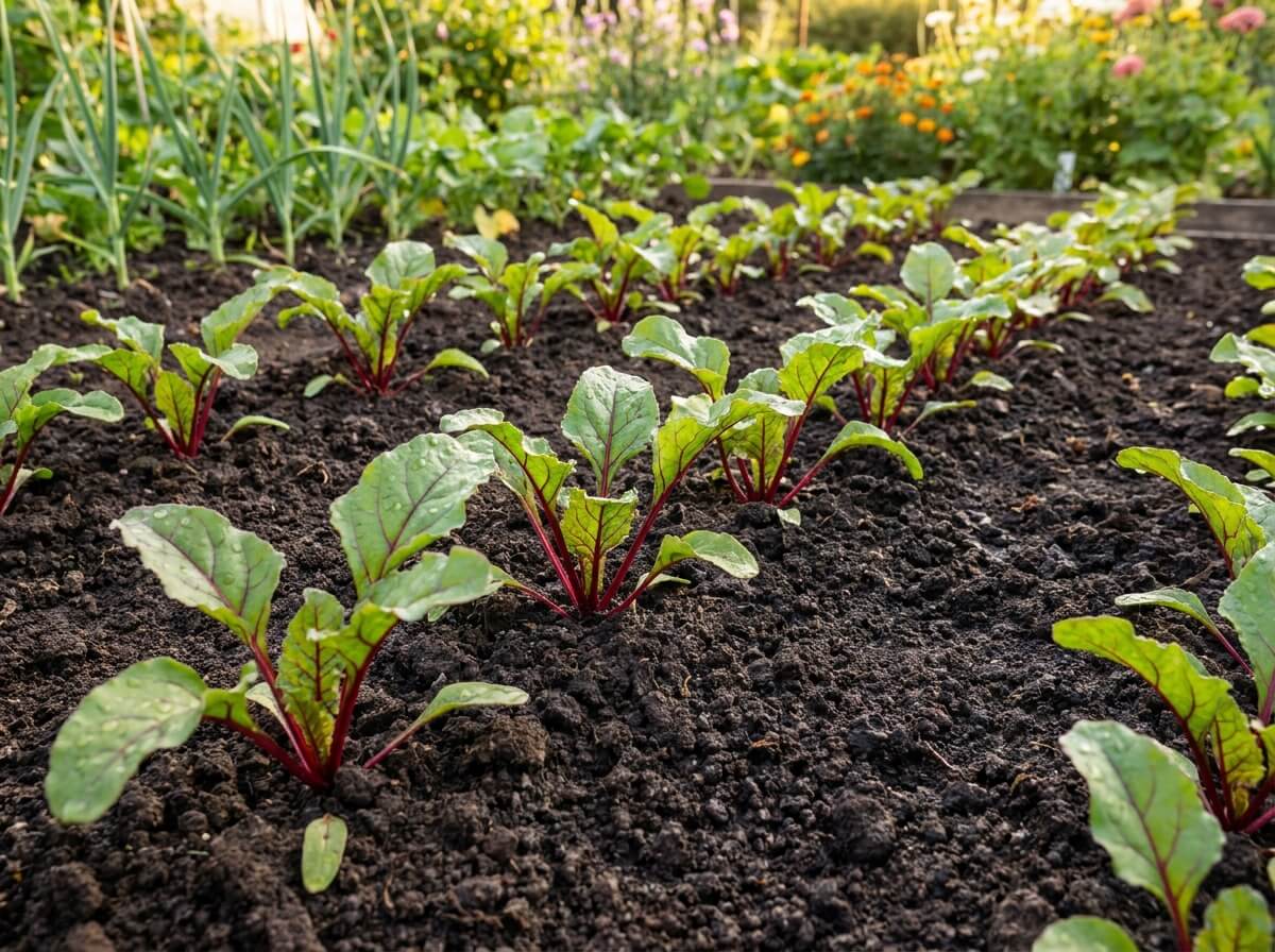 Jeunes plants de betterave semés en ligne dans une terre meuble sombre au potager d'été