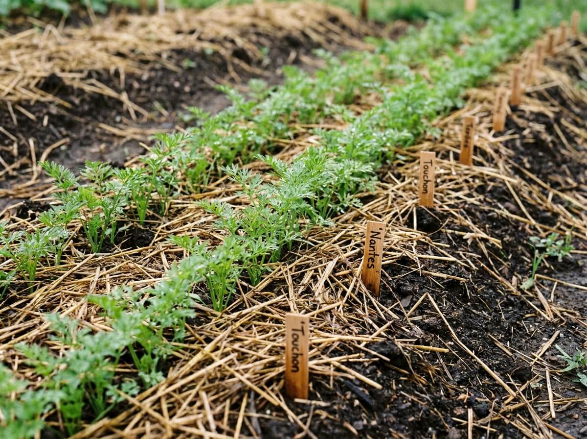 Rang de jeunes plants de carottes semés en été, sol frais paillé et arrosé