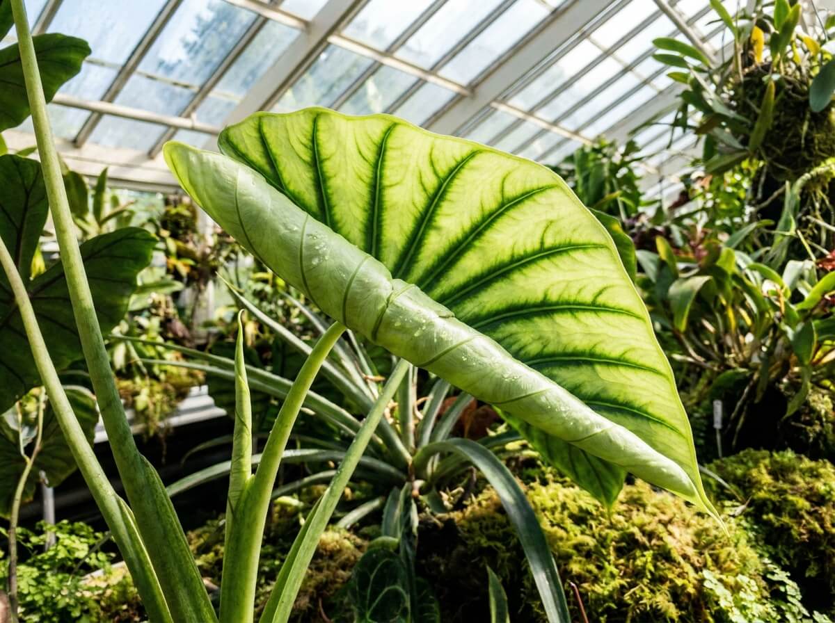 Nouvelle feuille d'Alocasia enroulée en train de se dérouler sur une tige dressée