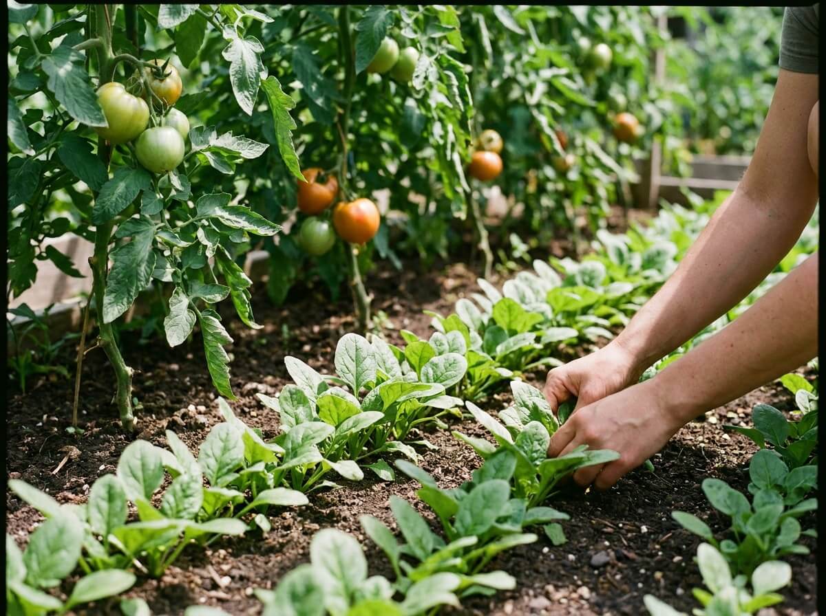 Semis d'épinard d'été à l'ombre d'un rang de tomates, jeunes feuilles tendres