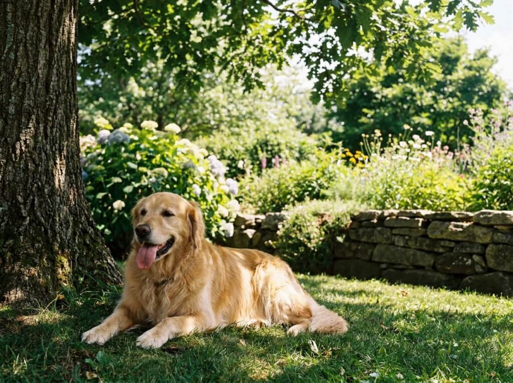Chien golden retriever haletant allongé à l'ombre d'un arbre dans un jardin ensoleillé d'été