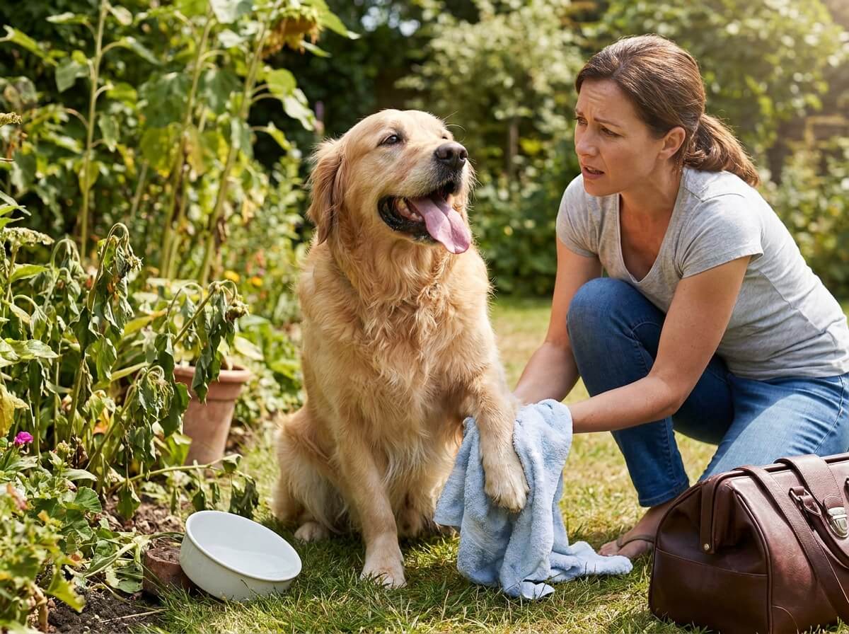 Propriétaire rafraîchissant son chien avec une serviette humide sur les pattes au jardin