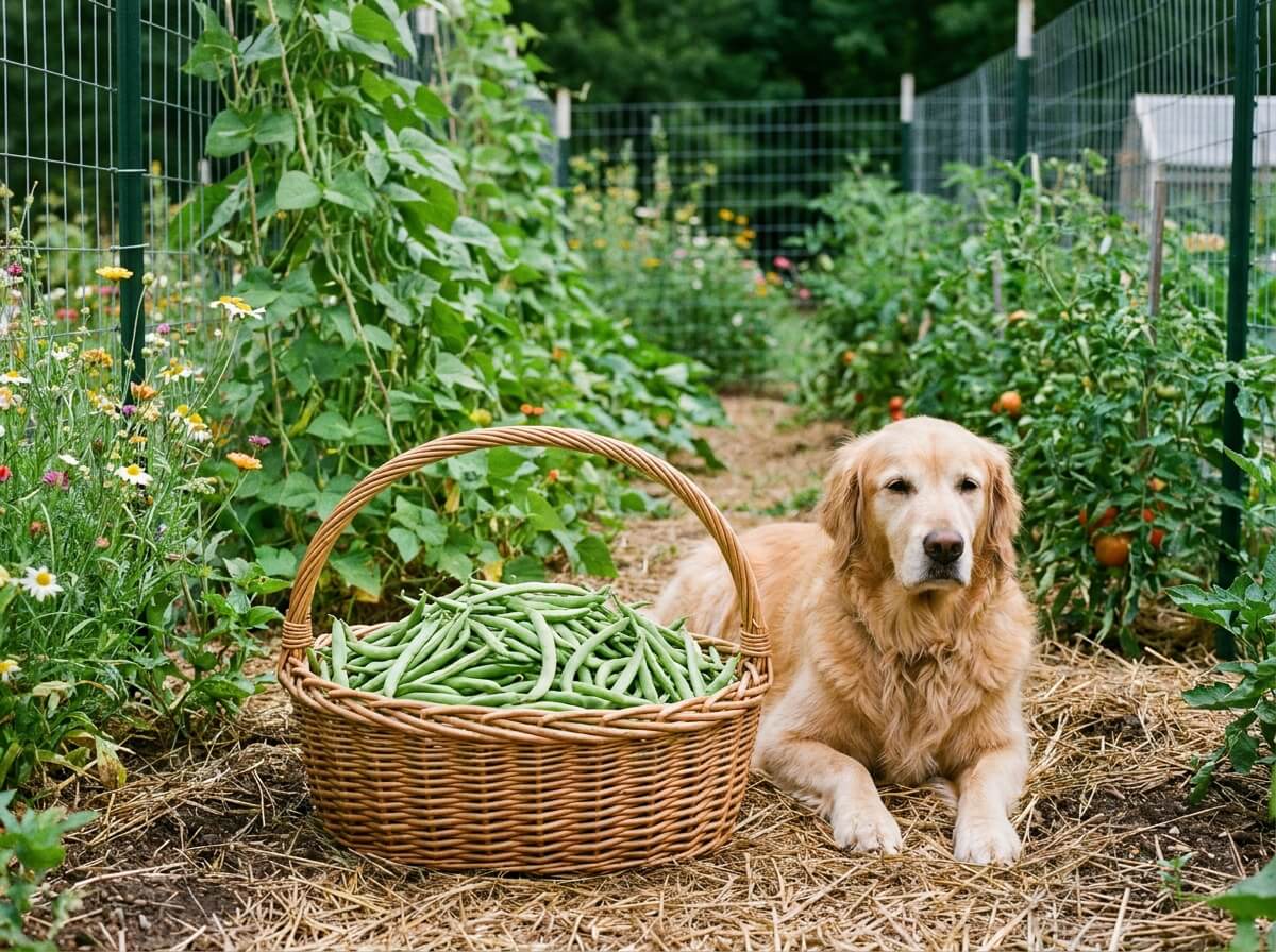 Gousses de haricots verts fraîchement récoltées dans un panier en osier près d'un chien