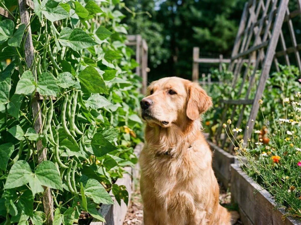 Chien attentif près d'un rang de haricots verts grimpants au potager estival ensoleillé