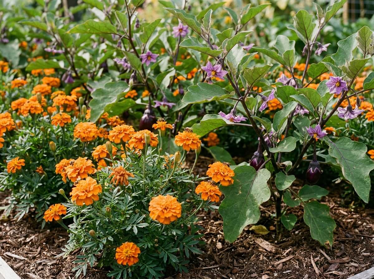 Fleurs de tagète orange installées entre des pieds d'aubergines pour attirer les pollinisateurs