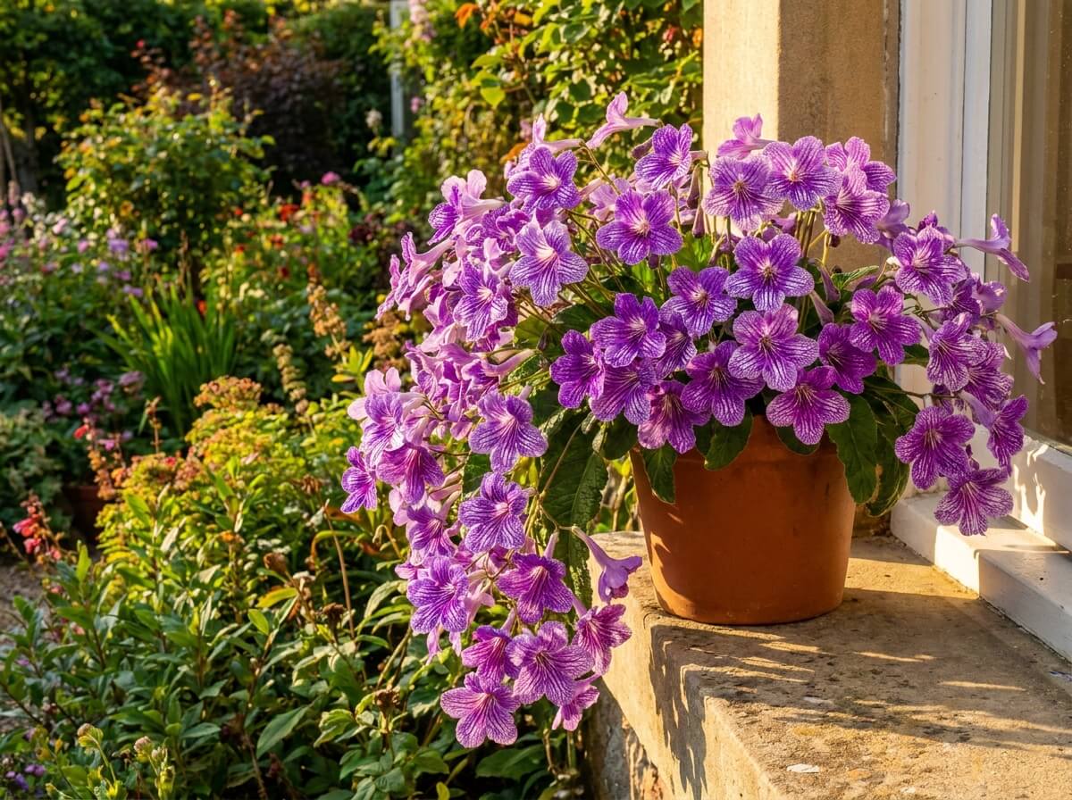 Gros plan sur une fleur de Streptocarpus mauve aux gorges jaunes et pétales veloutés