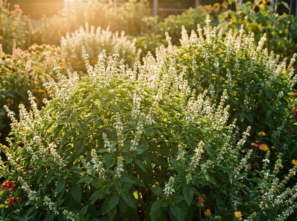 Pieds de basilic couverts d'épis de petites fleurs blanches au soleil du matin