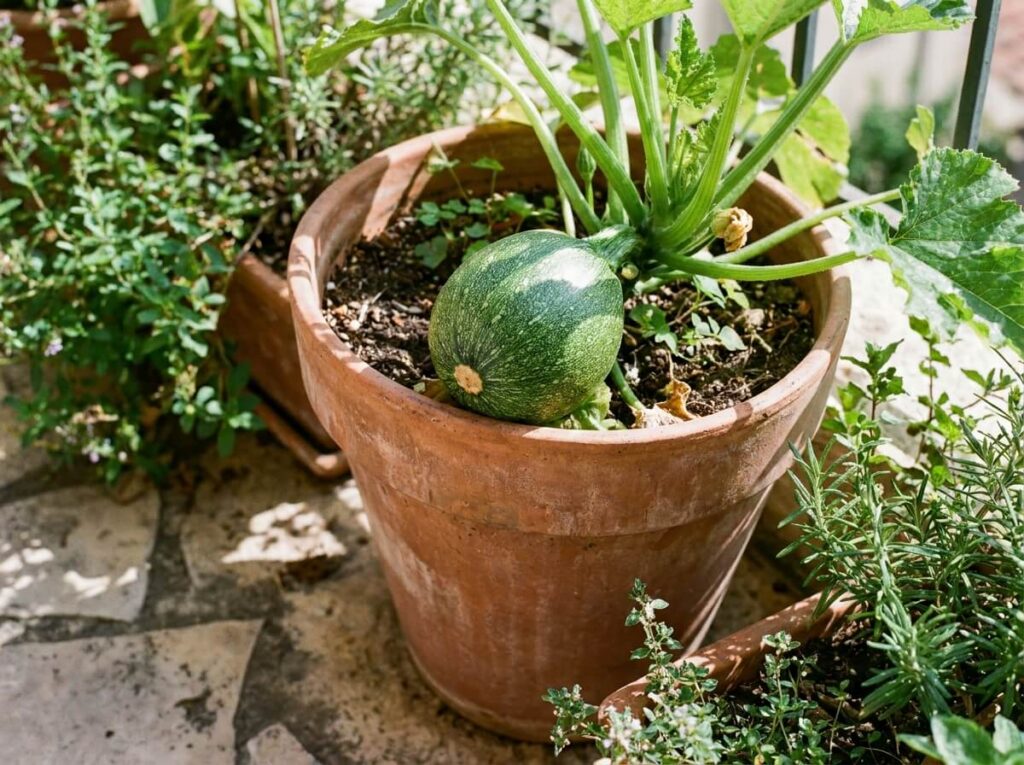 Courgette ronde verte récoltée dans un grand pot sur une terrasse ensoleillée