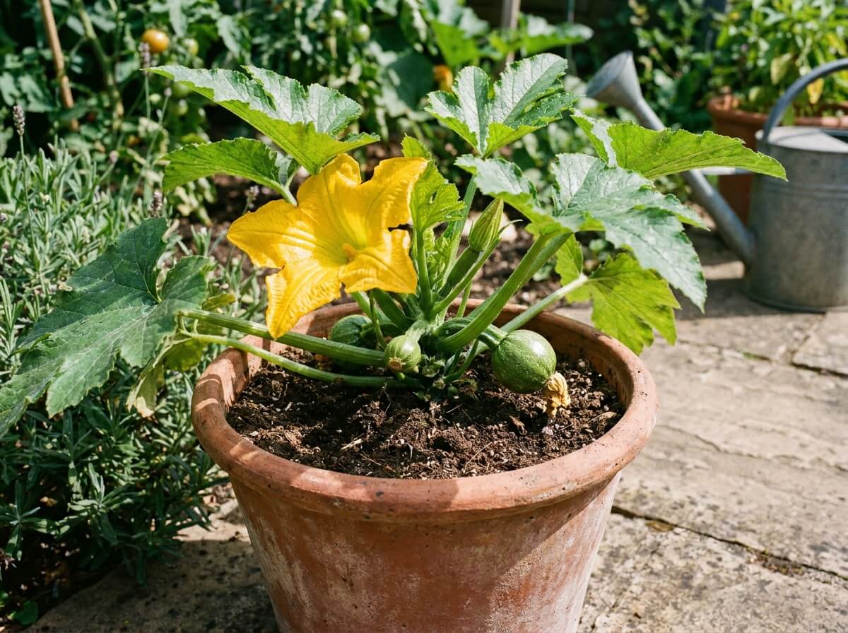 Jeune pied de courgette Ronde de Nice en pot avec fleur jaune ouverte