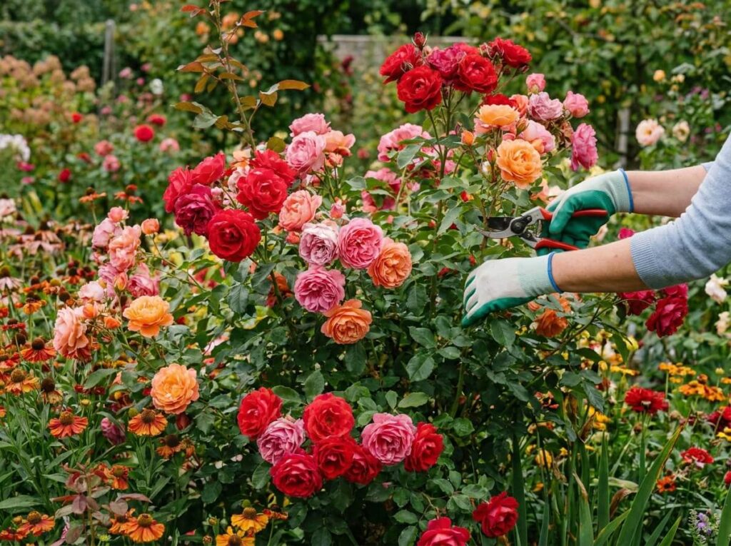 Mains gantées taillant un rosier remontant en pleine floraison estivale au sécateur