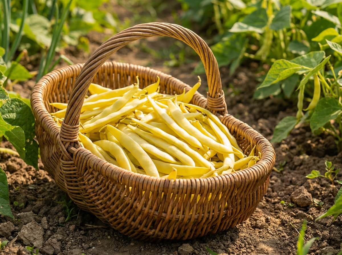 Récolte de gousses beurre dorées dans un panier en osier posé au potager