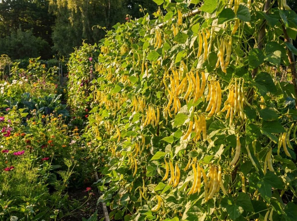 Rang de haricots aux gousses jaune doré tombant en grappes sous le soleil d'été