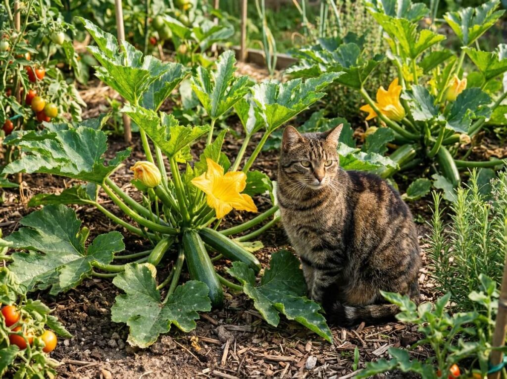 Chat tigré assis près d'un pied de courgette en fleur dans un potager d'été ensoleillé