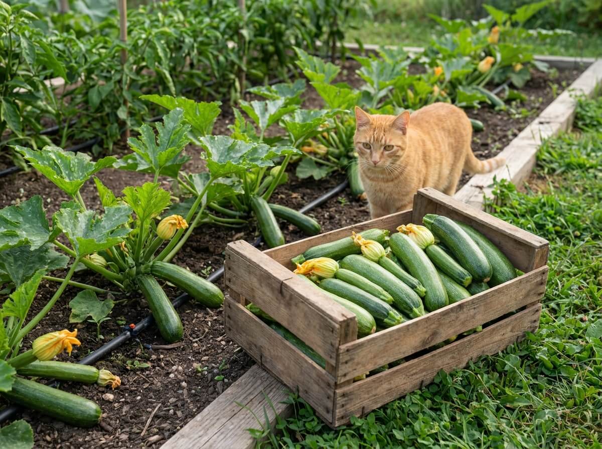 Récolte de courgettes fraîches dans une cagette en bois posée au bord du potager