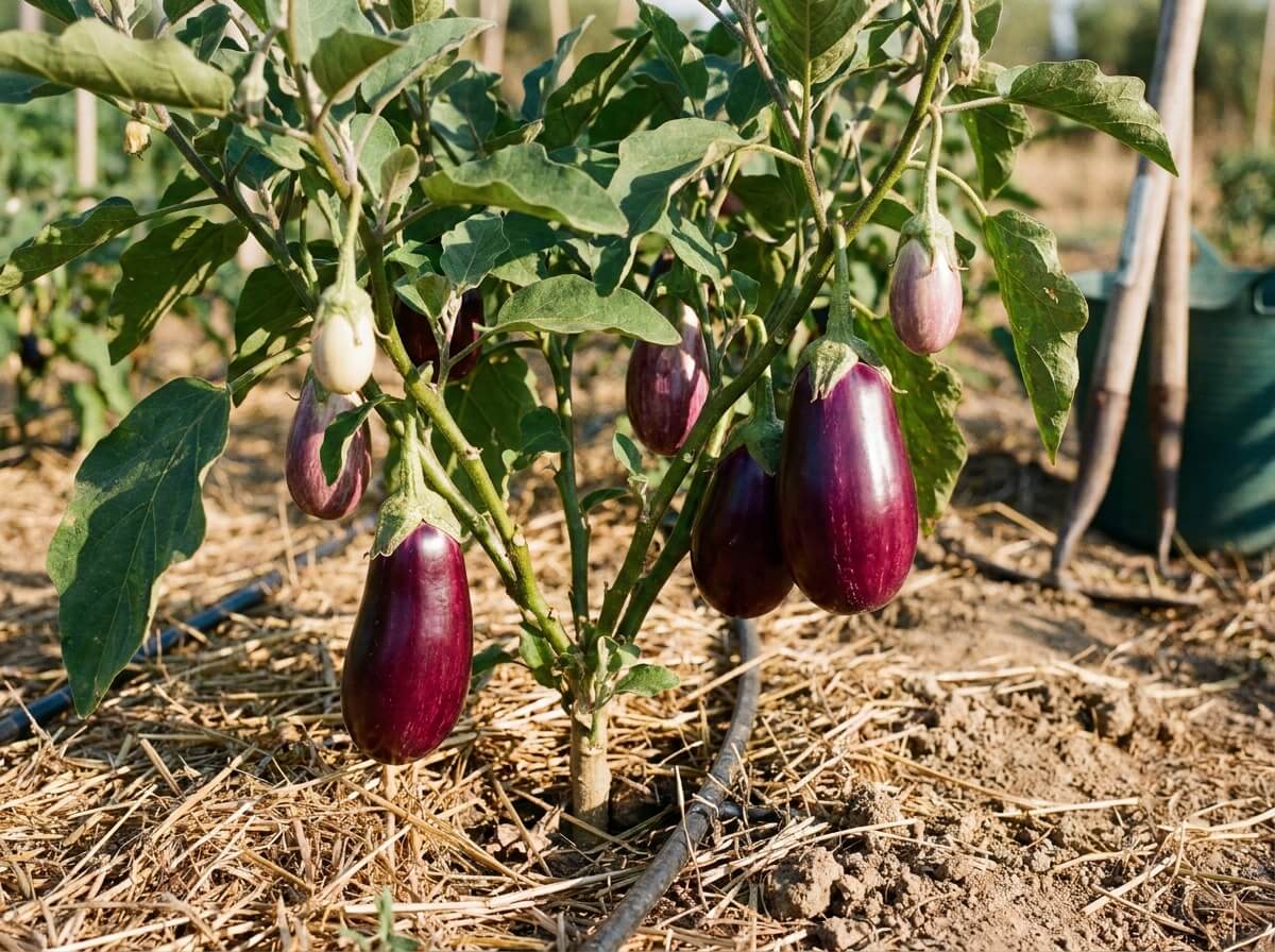 Plant d'aubergine avec plusieurs fruits violets à différents stades de maturité au potager