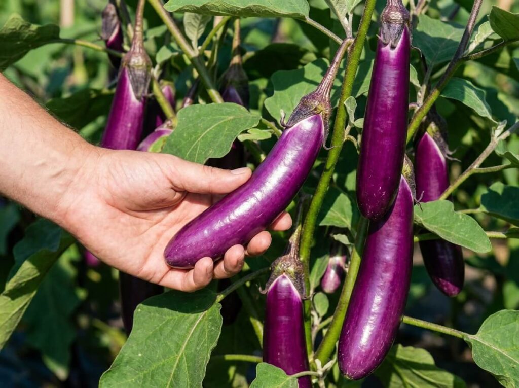 Main récoltant une aubergine violette allongée brillante sur un plant chargé de fruits en été