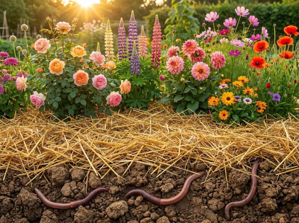Épaisse couche de foin doré posée sur un sol de potager argileux, vers de terre visibles dessous