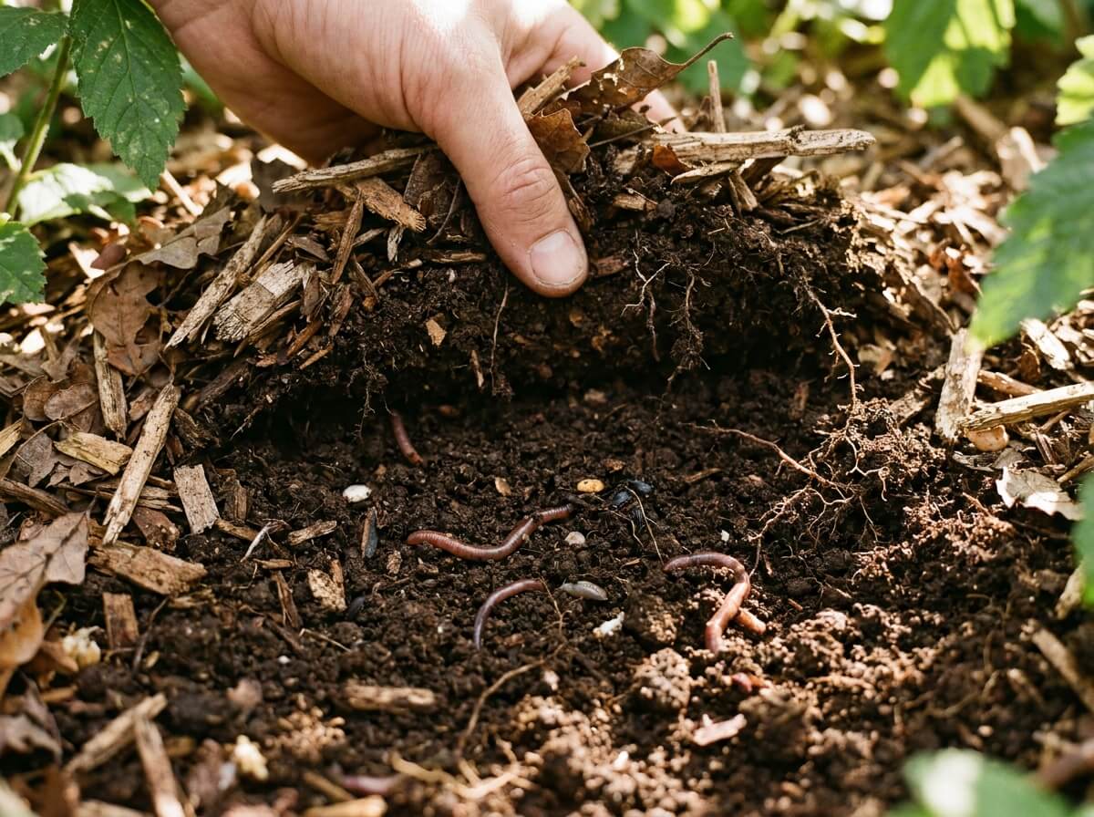Main soulevant le paillis pour révéler une terre brune, meuble et grumeleuse en dessous