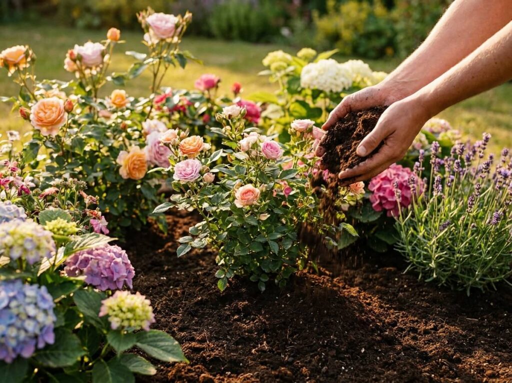 Mains versant un terreau brun et riche autour d'un plant fleuri en pleine croissance au soleil