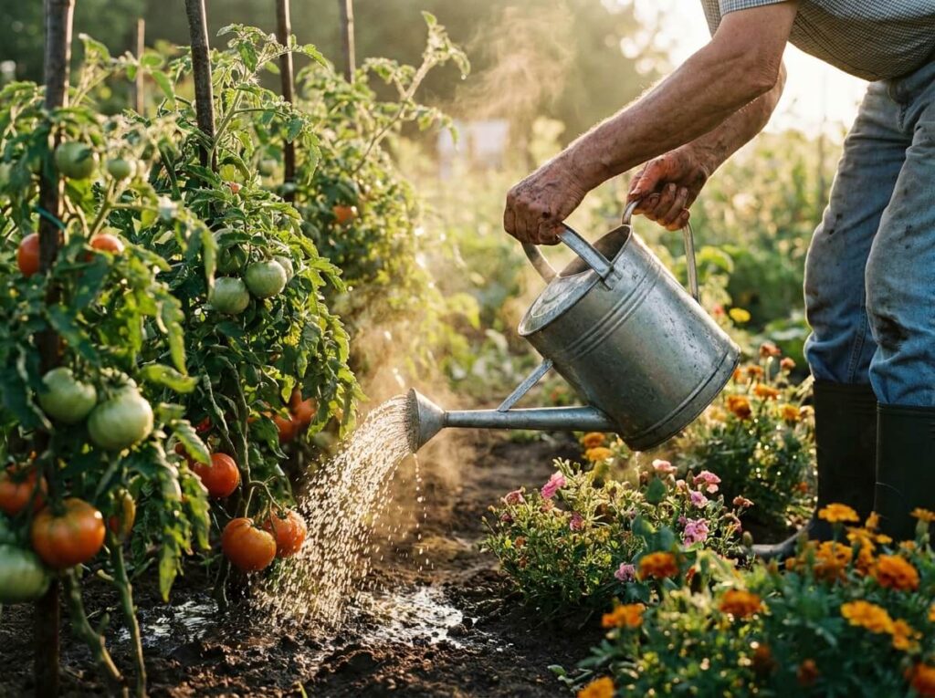 Jardinier arrosant au pied des tomates avec un arrosoir tôt le matin en été
