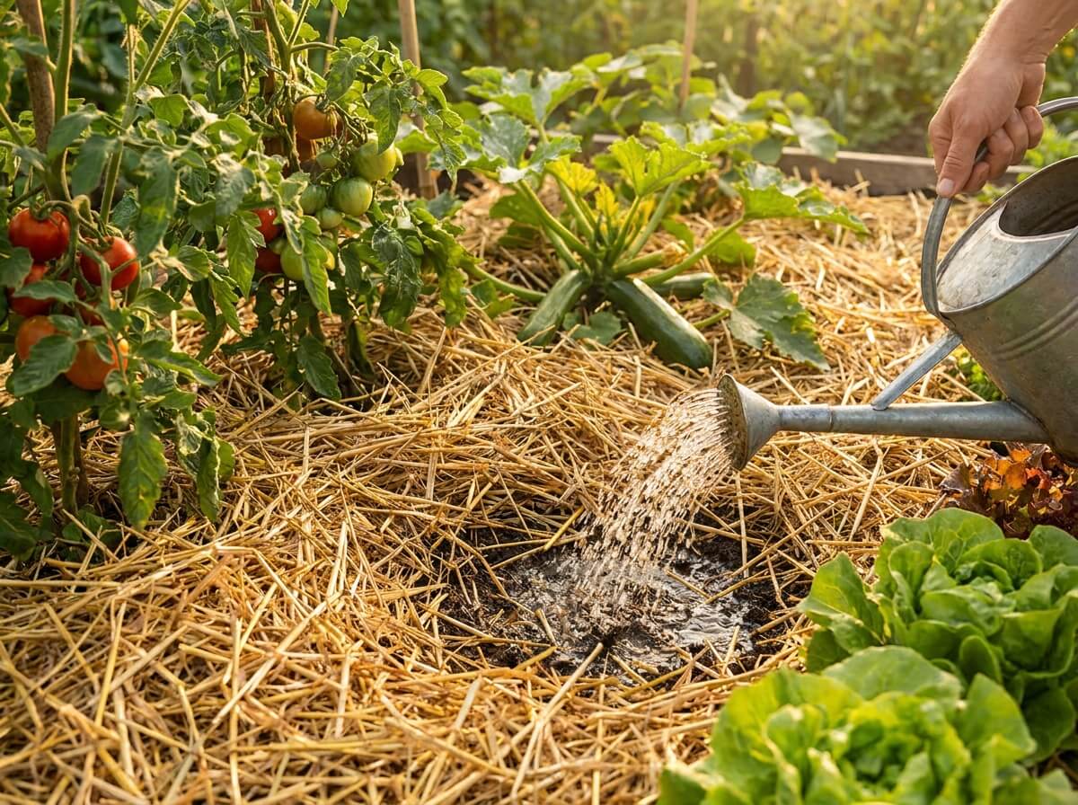 Paillage de paille au pied des légumes du potager pour limiter l'évaporation en été
