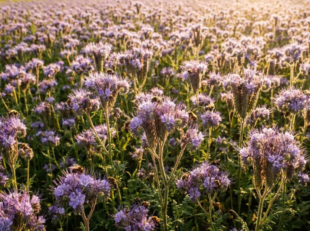 Champ de phacélie aux fleurs mauves enroulées couvert d'abeilles butinant en plein soleil d'été
