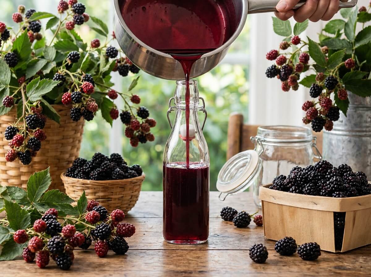 Sirop de mûres rouge sombre versé dans une bouteille en verre stérilisée