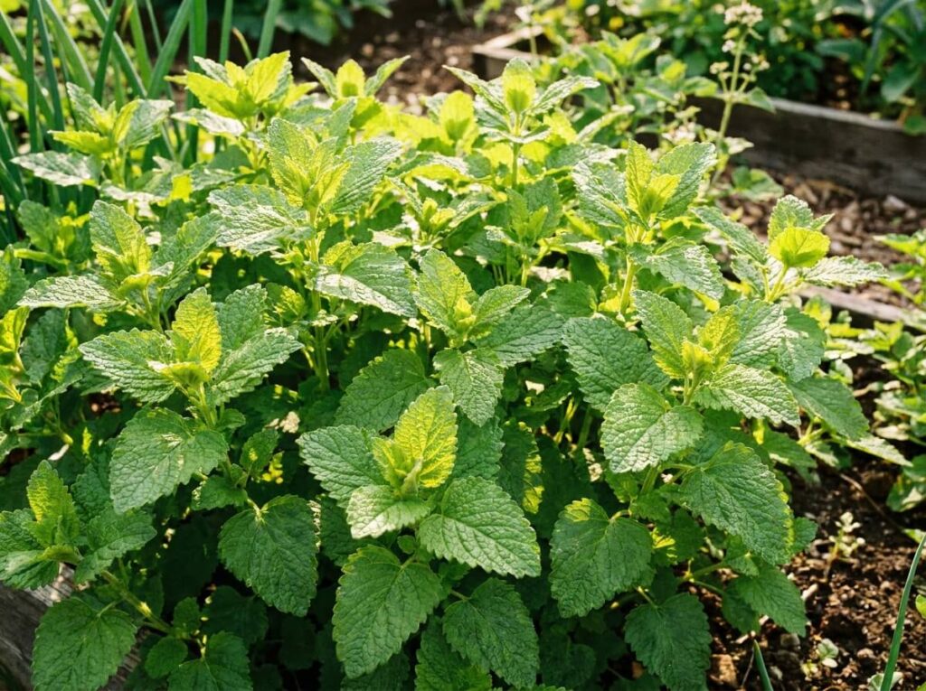 Touffe de mélisse officinale verte et lumineuse au jardin, feuilles gaufrées baignées de soleil d'été