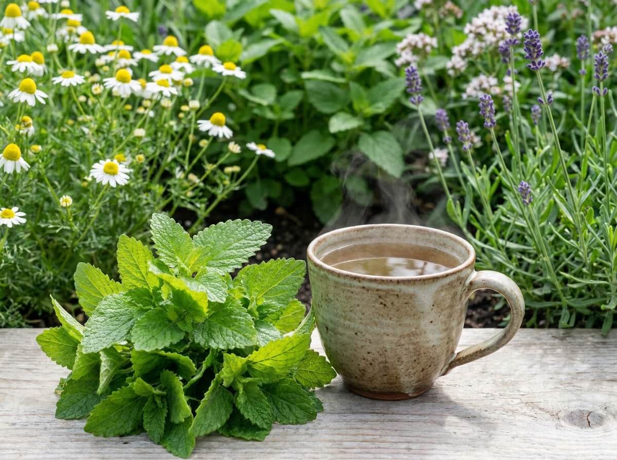 Tasse de tisane de mélisse fraîche fumante posée près d'un bouquet de feuilles coupées