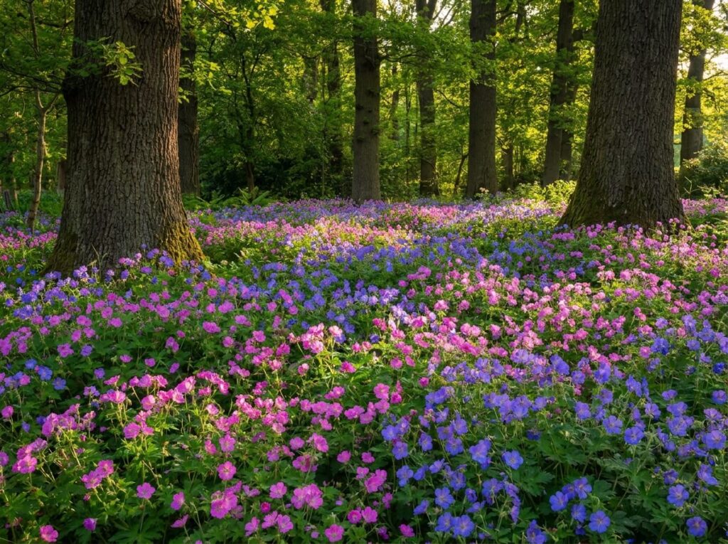 Nappe de géraniums vivaces roses et bleus fleuris en pleine ombre au pied de grands arbres