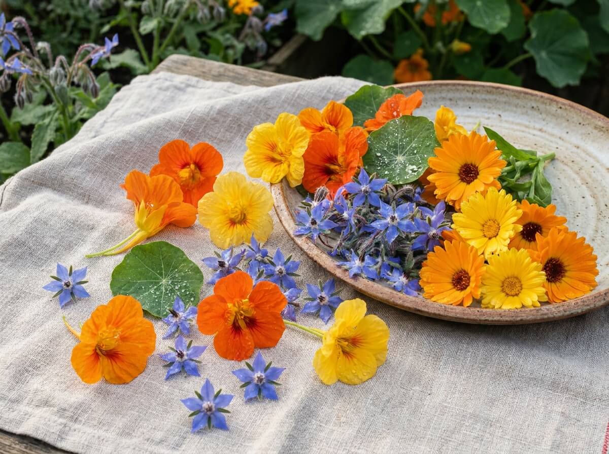 Fleurs comestibles fraîchement récoltées disposées sur un torchon en lin près d'un plat