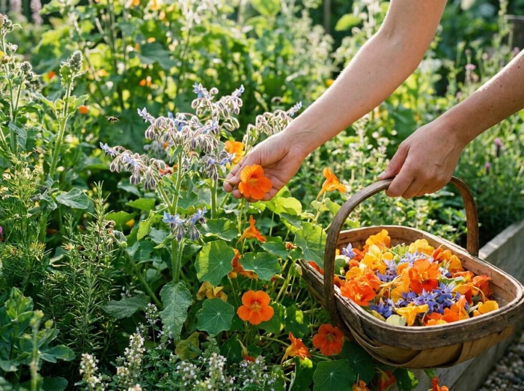 Mains cueillant des capucines orange et des fleurs de bourrache bleues dans un jardin d'été