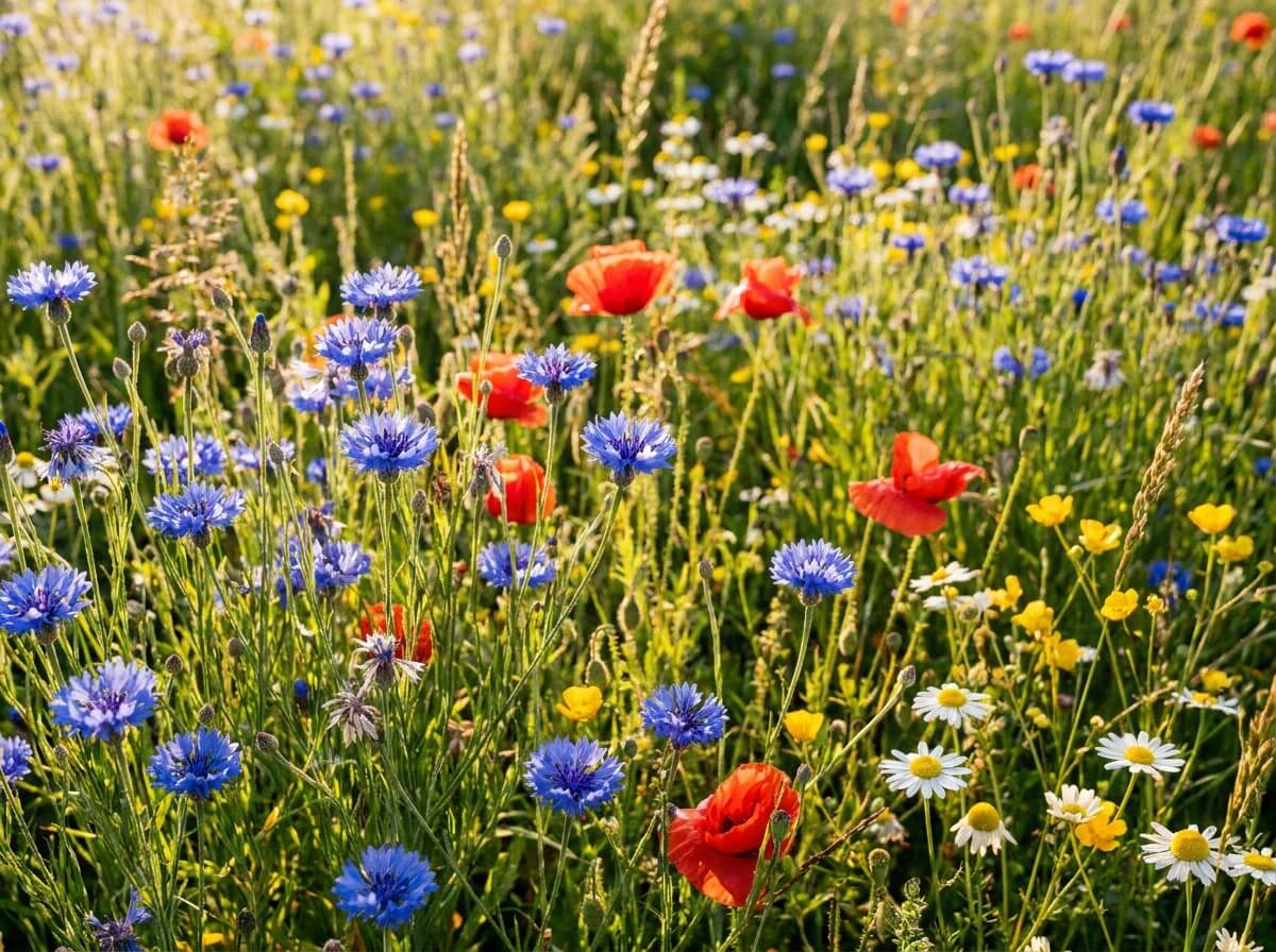 Bleuets bleu vif mêlés aux coquelicots rouges dans une prairie fleurie ensoleillée