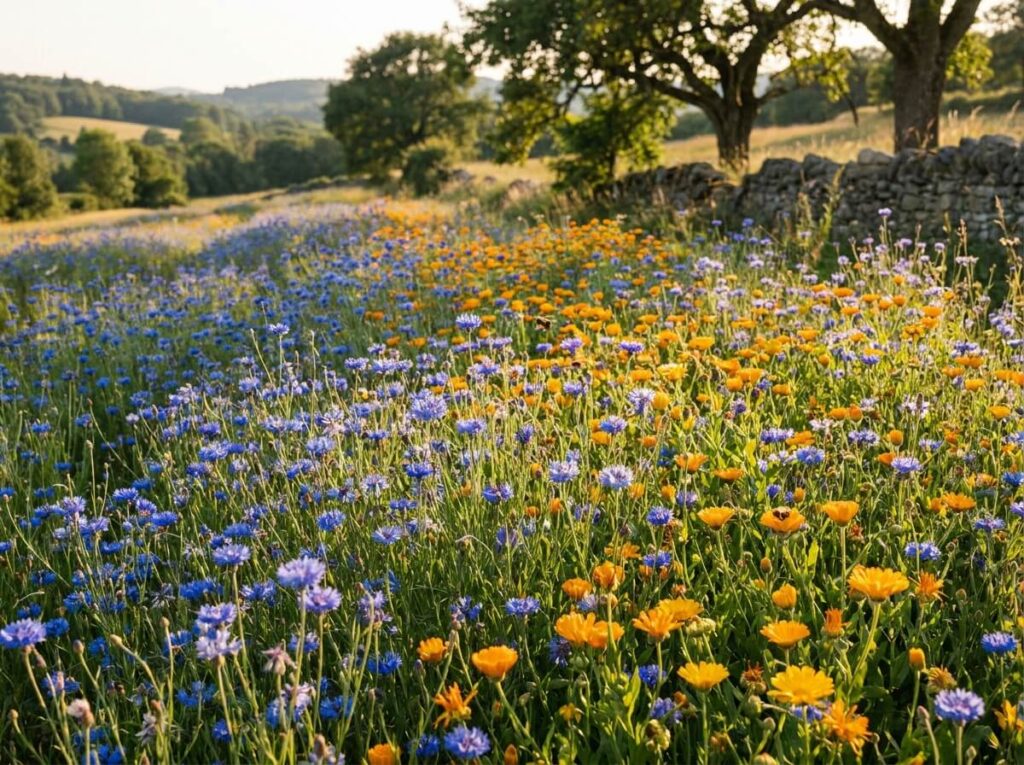 Prairie fleurie couverte de bleuets bleus et soucis dorés en pleine floraison estivale