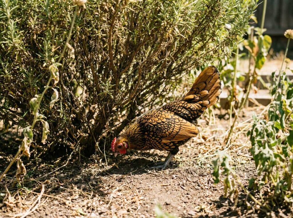 Petite poule naine Sebright picorant à l'ombre d'un arbuste par forte chaleur estivale