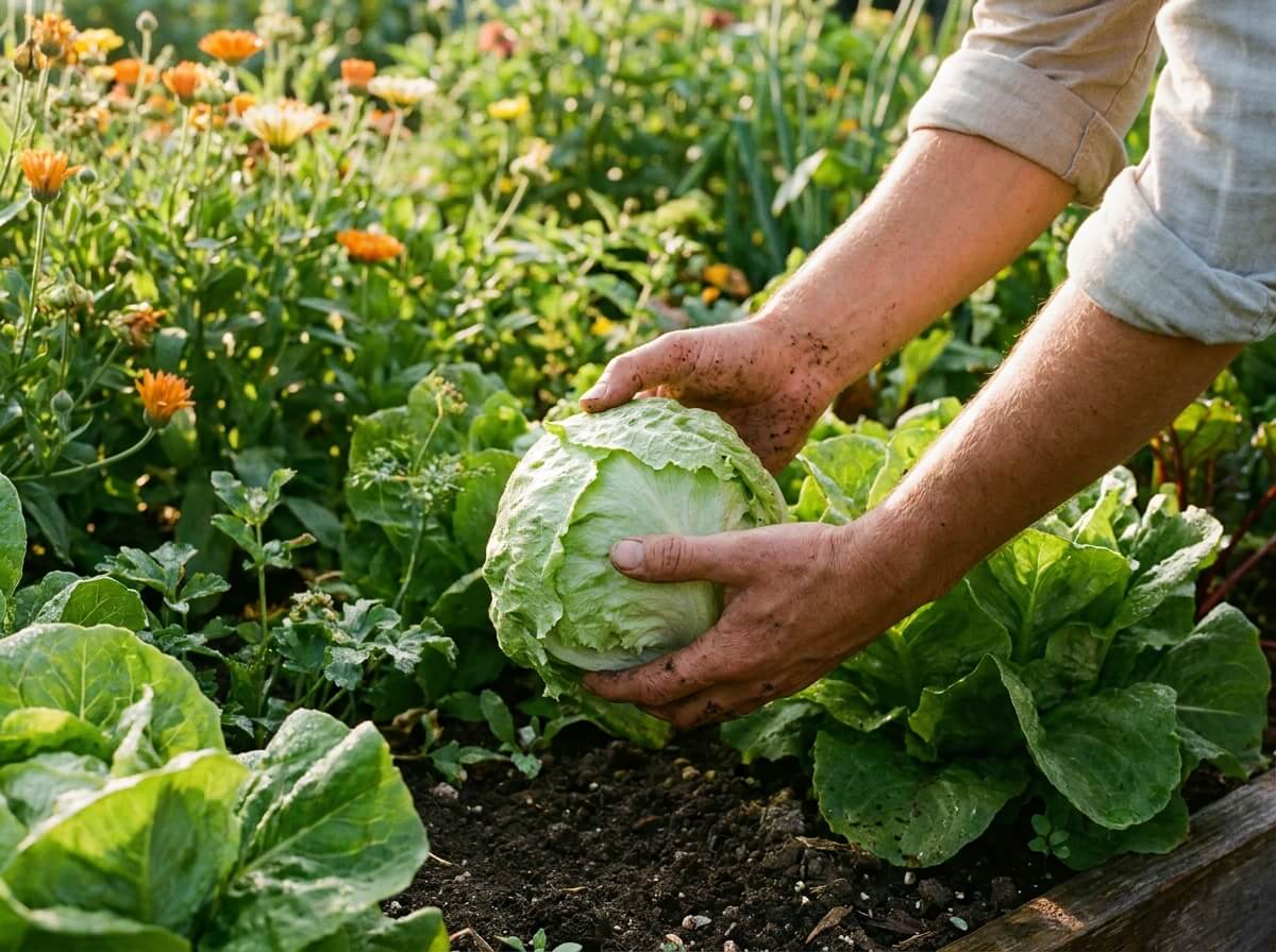 Mains récoltant une laitue croquante au petit matin avant la montée en graine