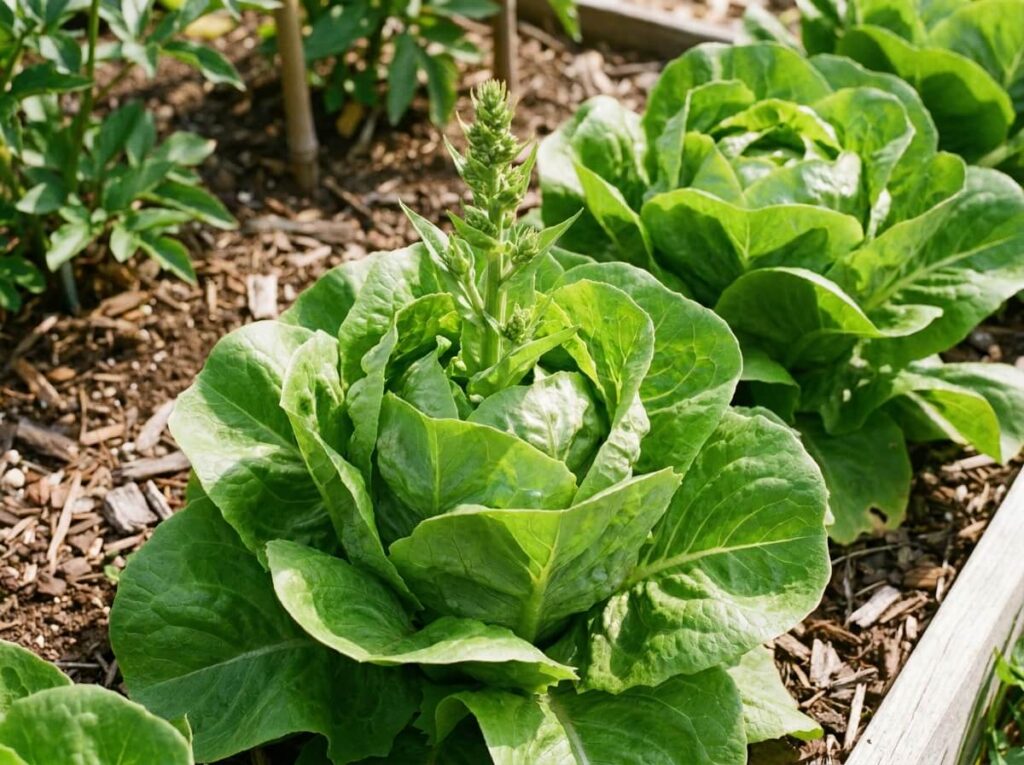 Pied de laitue verte au potager avec tige florale émergente, feuilles luxuriantes sous le soleil d'été