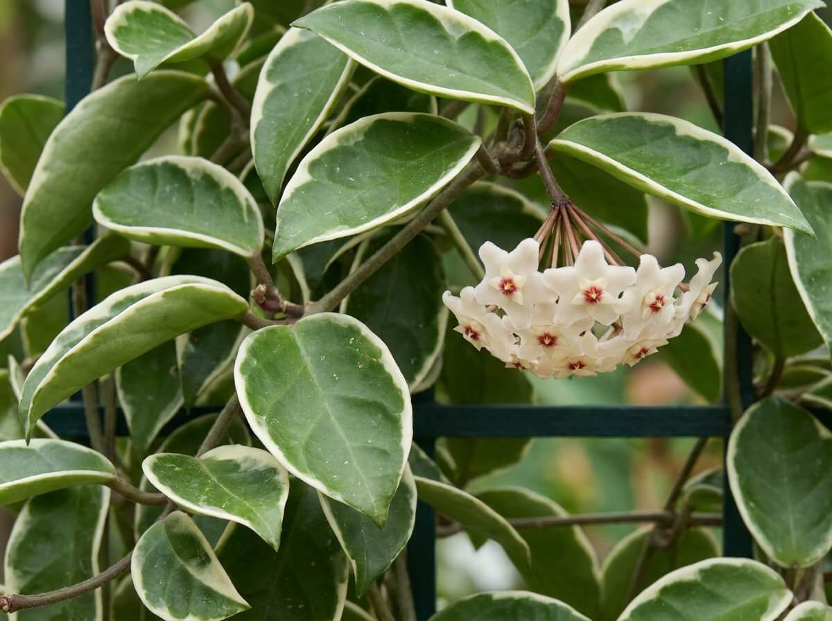 Feuilles épaisses et charnues de Hoya carnosa 'Krimson Queen' bordées de crème sur tige grimpante