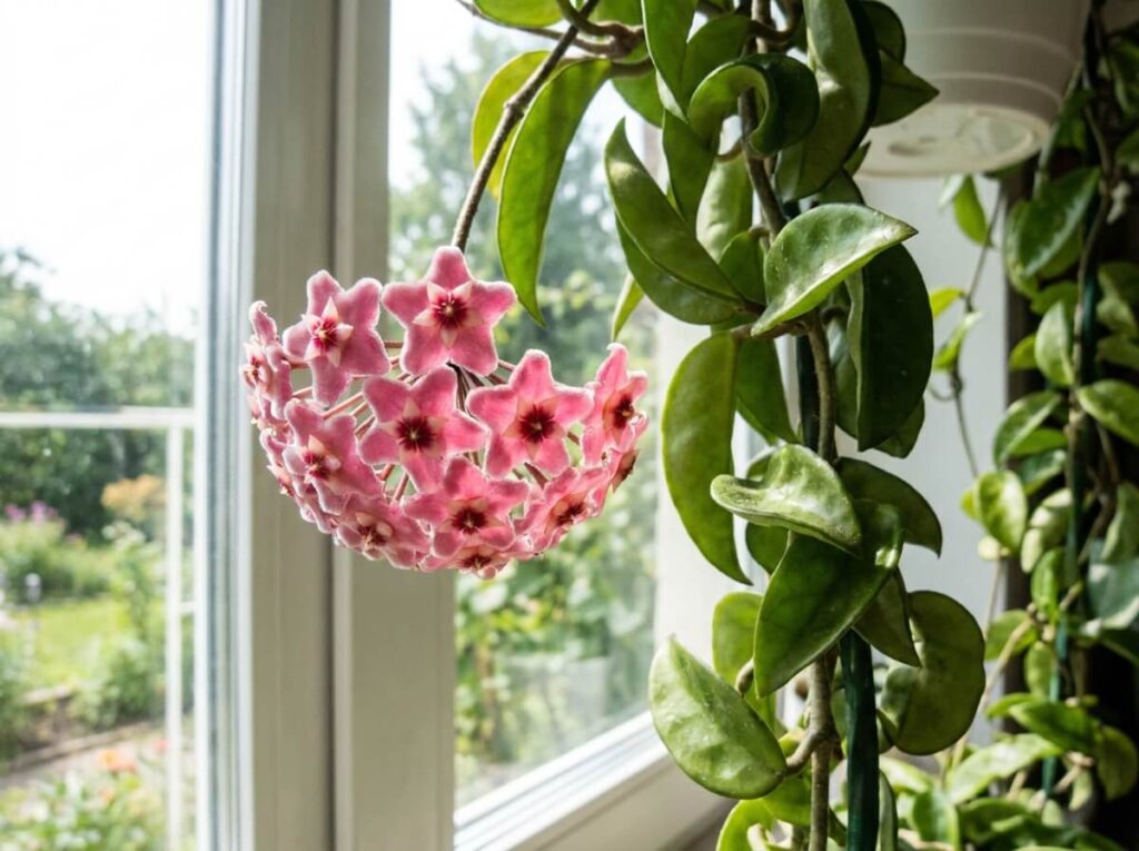 Ombelle de fleurs cireuses roses de Hoya carnosa suspendue près d'une fenêtre lumineuse en été