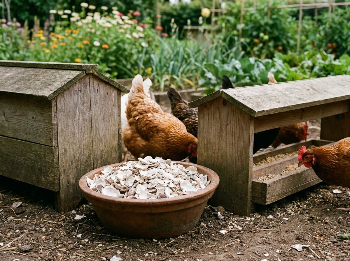 Coupelle de coquilles d'huîtres concassées posée près d'une mangeoire de poules
