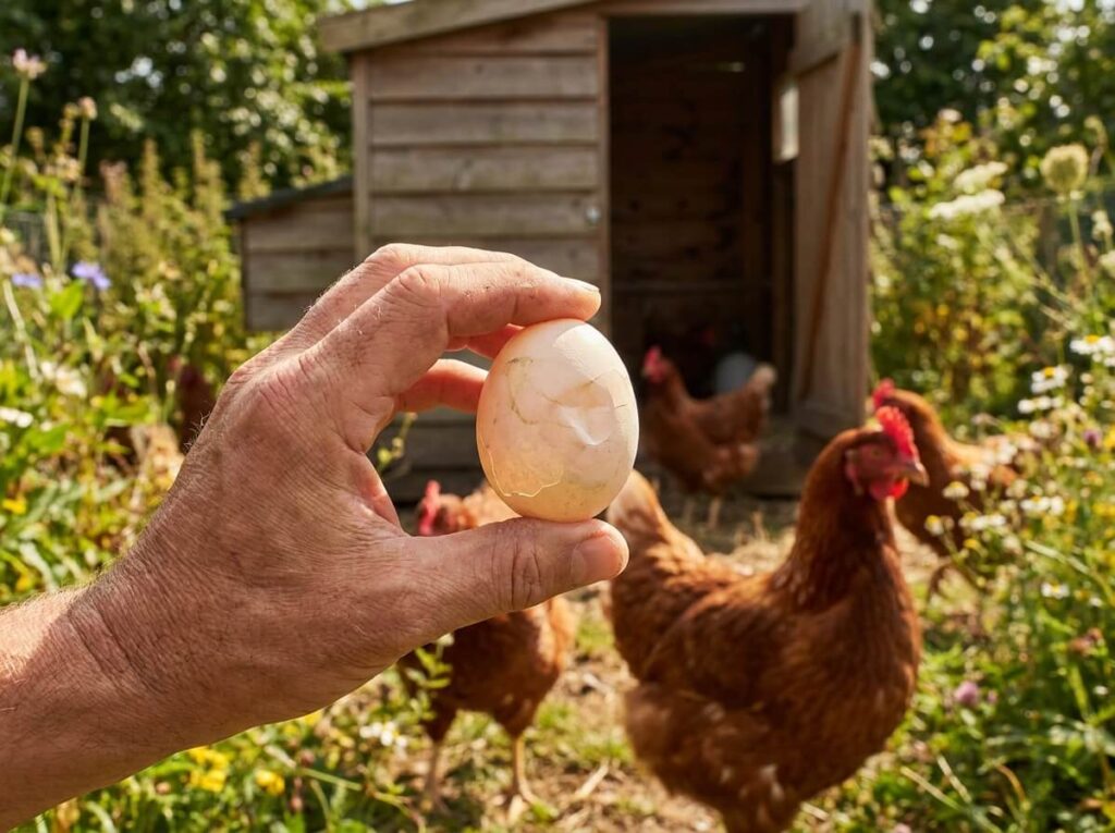 Main tenant un œuf à coquille fine devant un poulailler avec poules rousses en été
