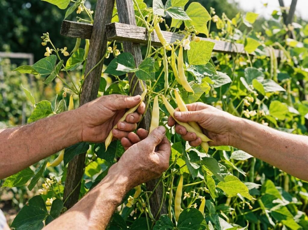 Mains récoltant des gousses de haricot jaune beurre 'Neckargold' sur un plant à rames en plein été