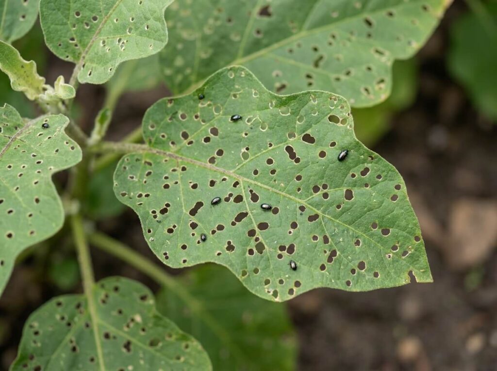 Feuilles d'aubergine criblées de petits trous ronds causés par les altises en plein été