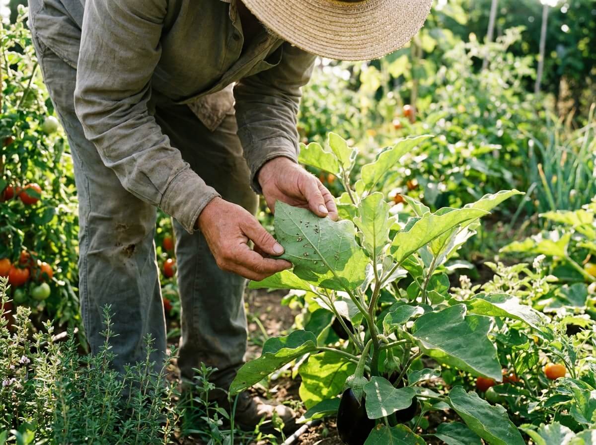 Jardinier inspectant le dessous des feuilles d'un plant d'aubergine 'Barbentane' au potager