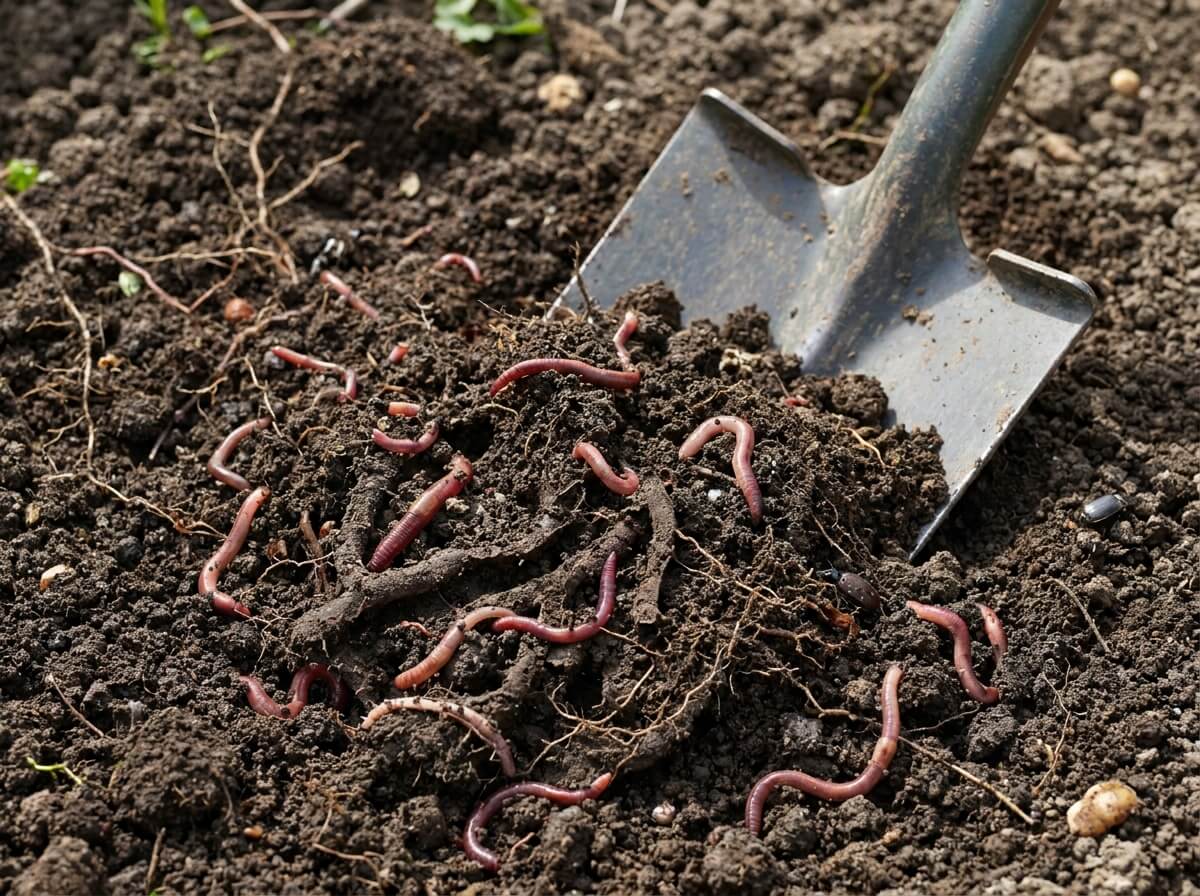Coup de bêche dans un sol meuble révélant galeries et lombrics actifs au potager