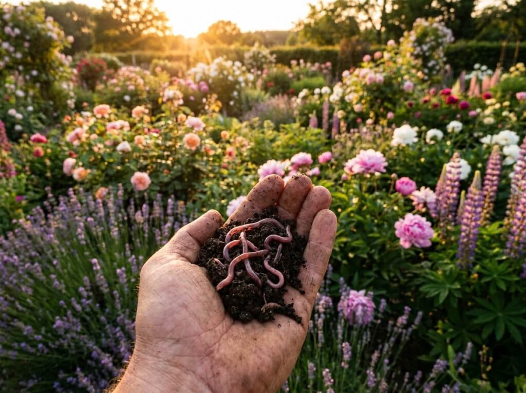 Terre sombre et grumeleuse tenue dans une main avec vers de terre roses bien vivants